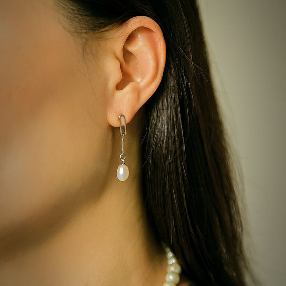 7mm Sterling Silver Pearl Paperclip Earrings - Capsul